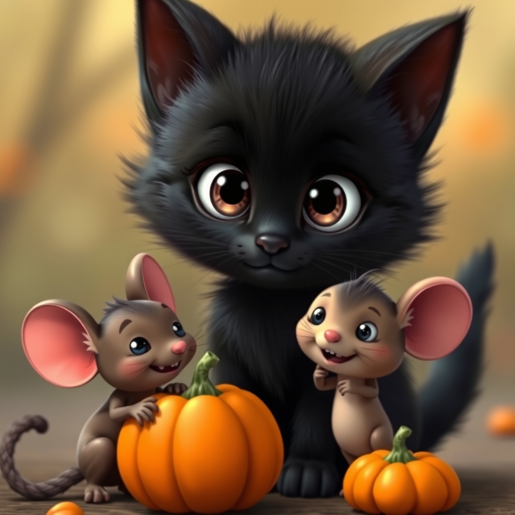 Animated Black kitten with big eyes and a mouse with multipl