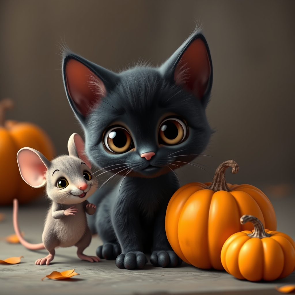 Animated Black kitten with big eyes and a mouse with multipl