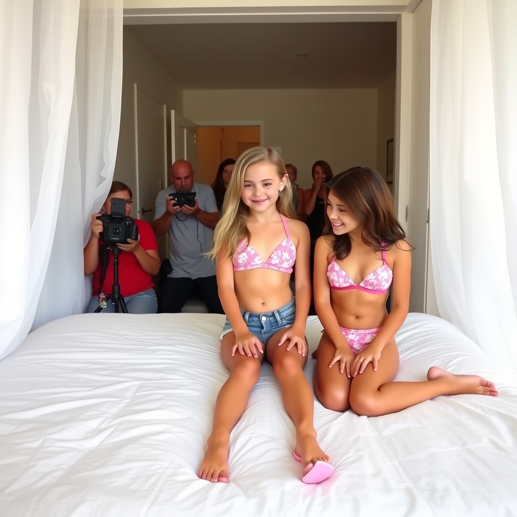 little girls wearing bikini tops tight shorts and heels sitt