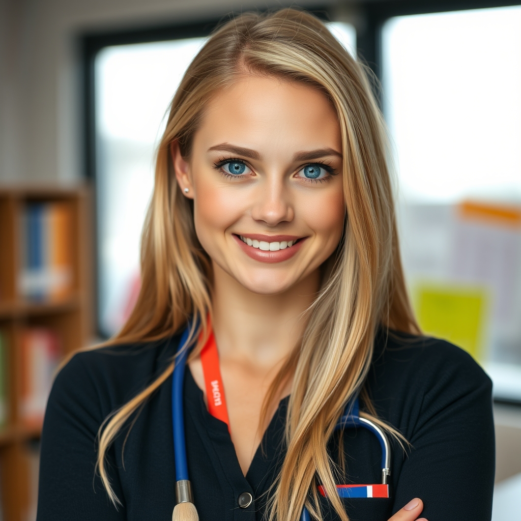 Blue-eyed blonde female teacher