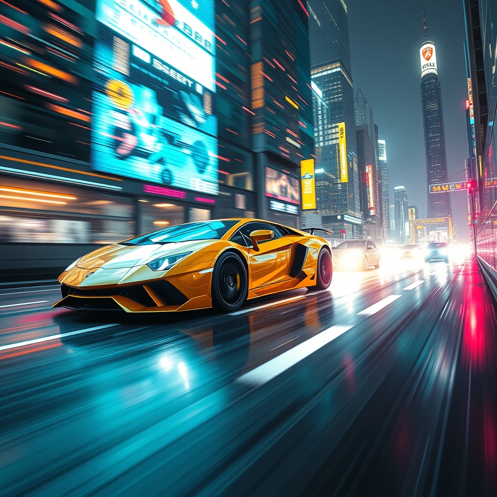 A Lamborghini car racing in cyber city