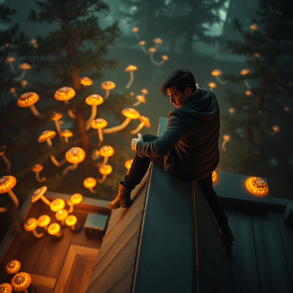 Cinematic, poses dramatically on a rooftop as Enchanted fore