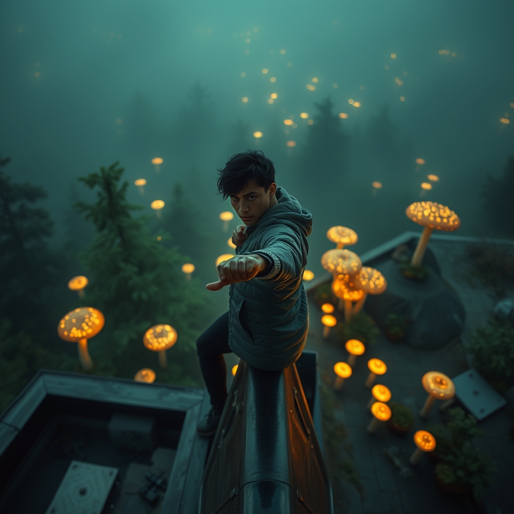 Cinematic, poses dramatically on a rooftop as Enchanted fore