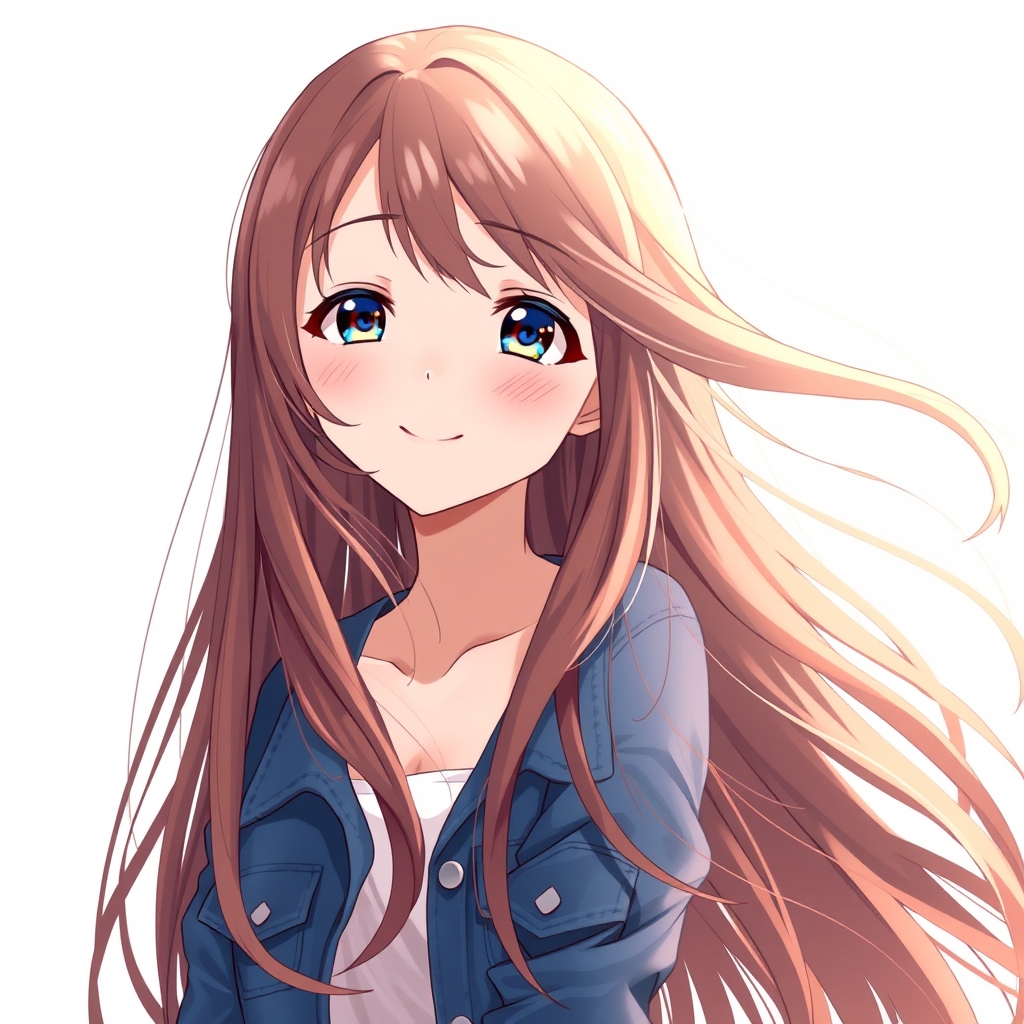 A beautiful anime girl with long brown hair, wearing a denim