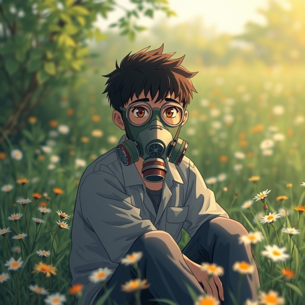 Asian boy with gas mask sitting in field of flowers